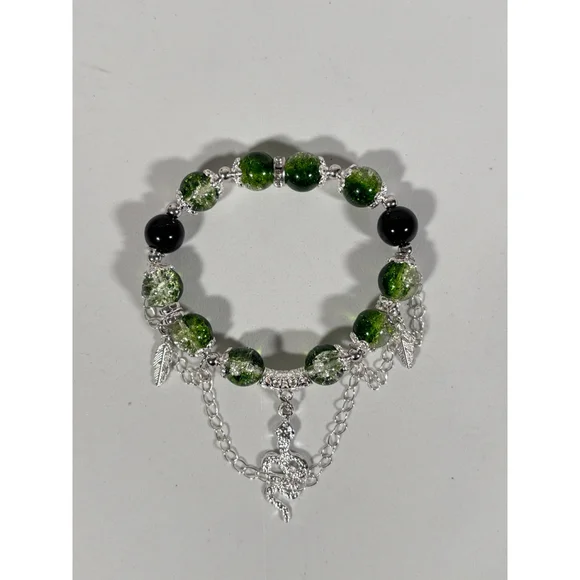 Green Crackle Glass Snake Beaded Charm Bracelet Silver Tone & Stretchy NWT - Picture 4 of 4